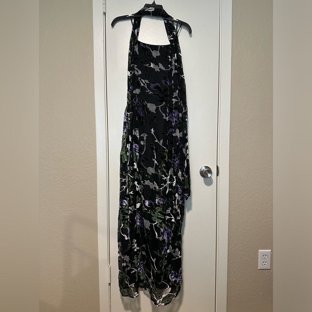 Corelia Black Floral Velvet Burnout Strapless Sash Maxi Dress